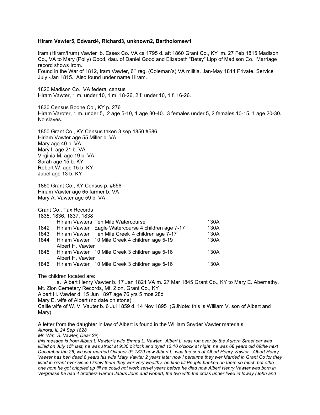 Hiram Vawter, 1 M. Under 10, 1 M. 18-26, 2 F. Under 10, 1 F. 16-26