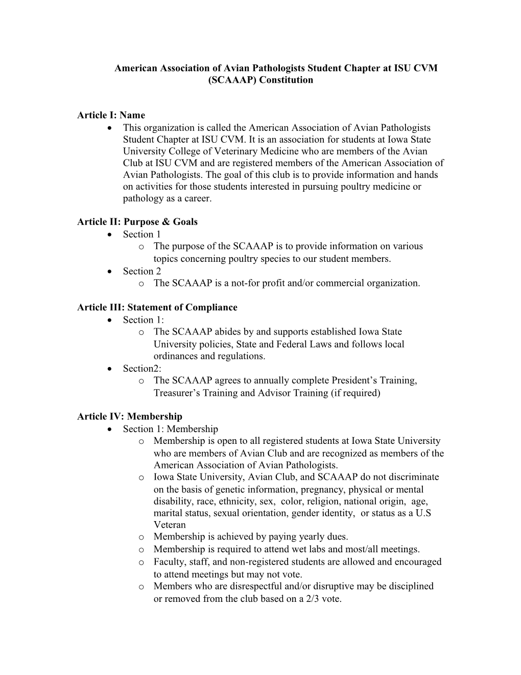 American Association of Avian Pathologists Student Chapter at ISU CVM (SCAAAP)Constitution