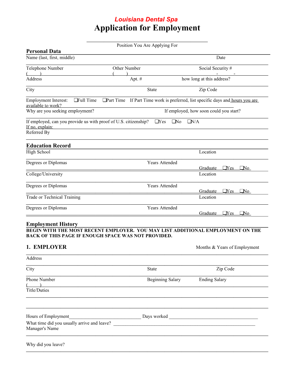 CPR Application for Employment