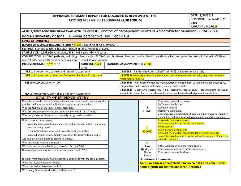 This Appraisal Tool Has Beenmodified from AORN Research Evidence Appraisal Tool- Ref:Sadahiro