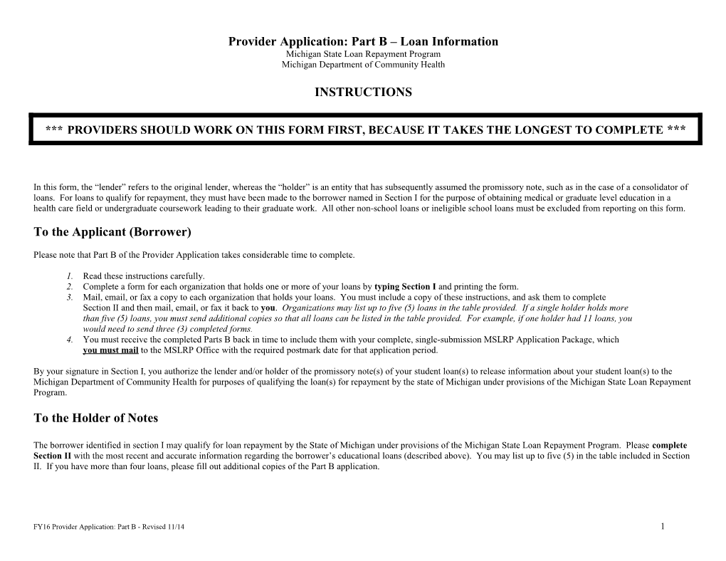 Part B: Michigan Student Loan Repayment Program Application Lender and Loan Information