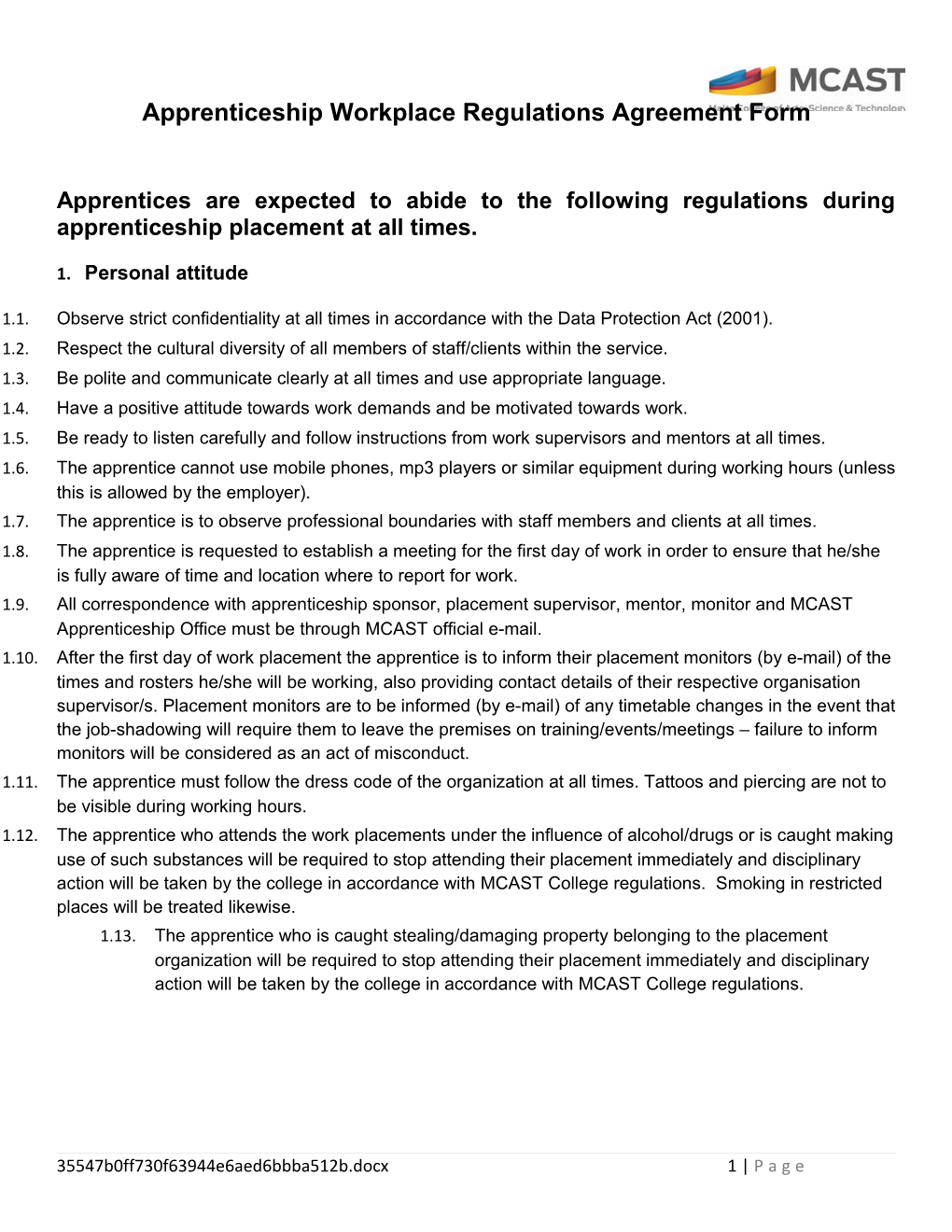 Apprenticeship Workplace Regulations Agreement Form