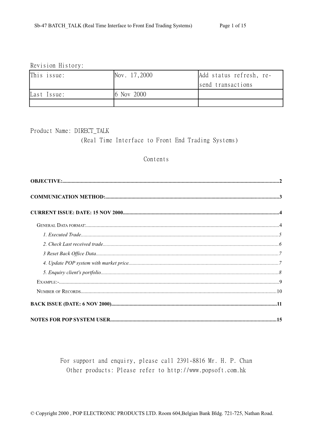 Sb-47 BATCH TALK (Real Time Interface to Front End Trading Systems) Page 1 of 15