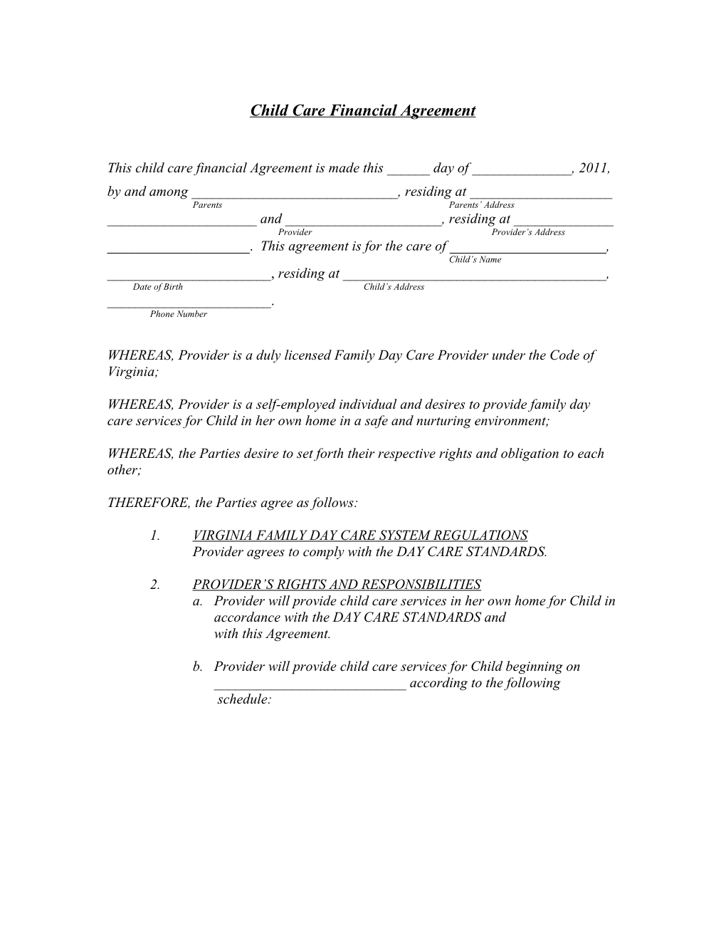 Child Care Financial Agreement