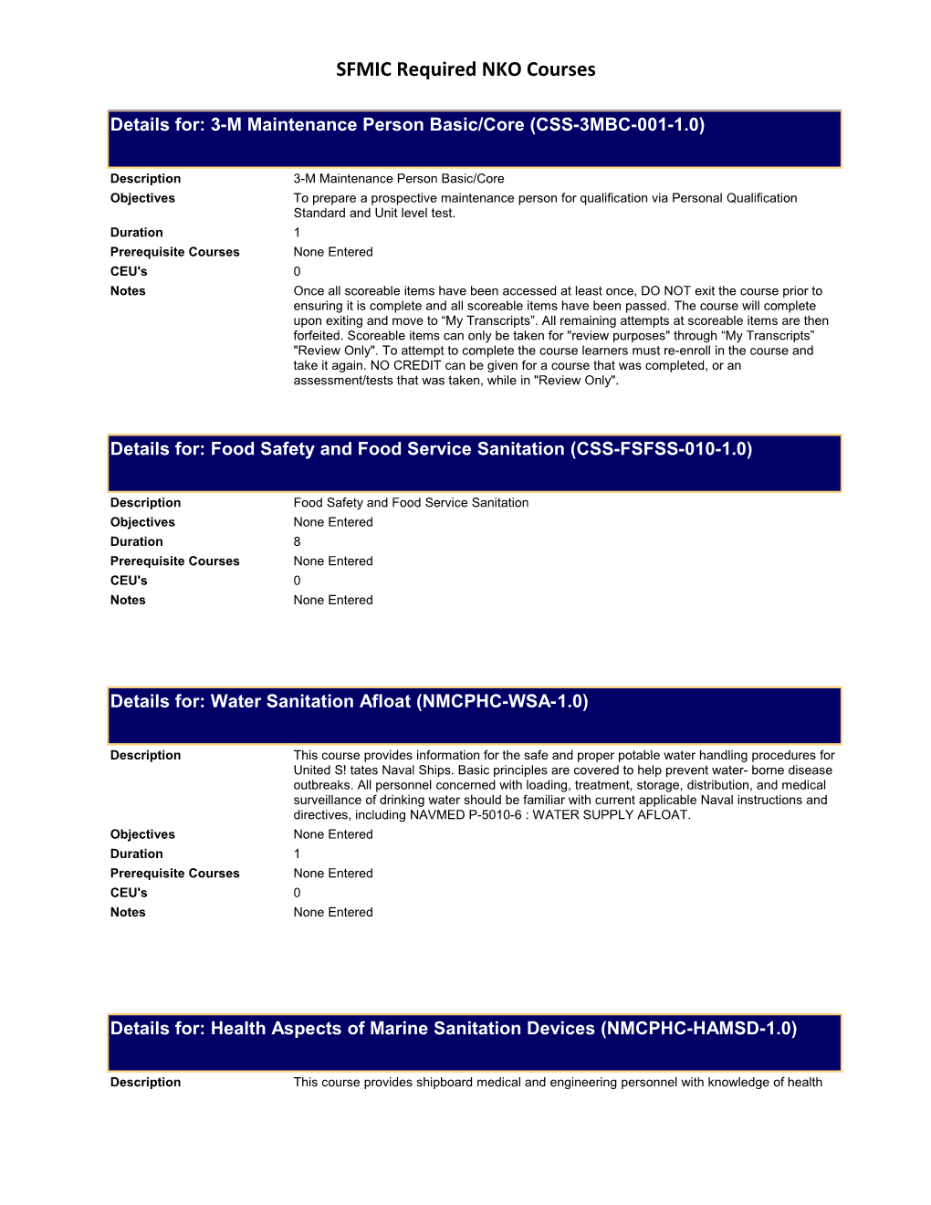 SFMIC Required NKO Courses