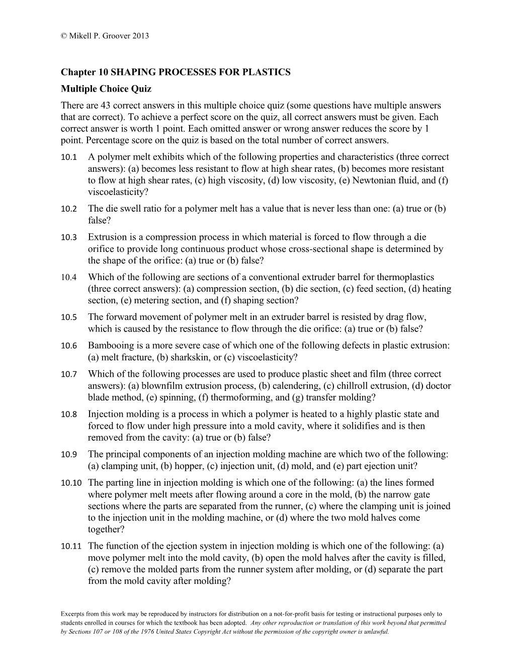 Chapter 10 SHAPING PROCESSES for PLASTICS