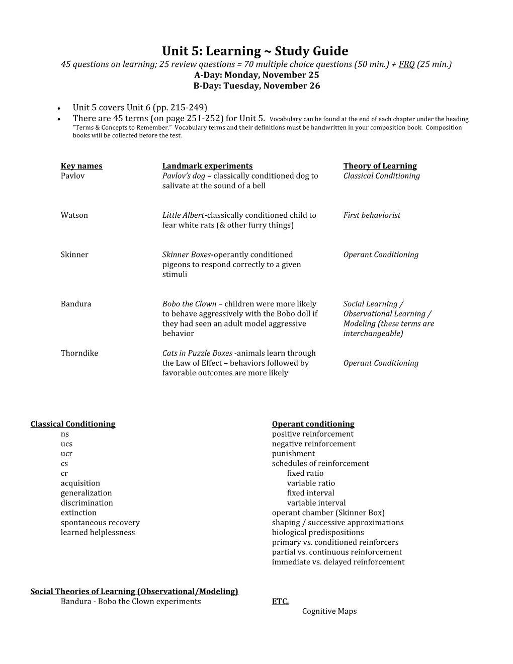 Unit 6: Learning Study Guide