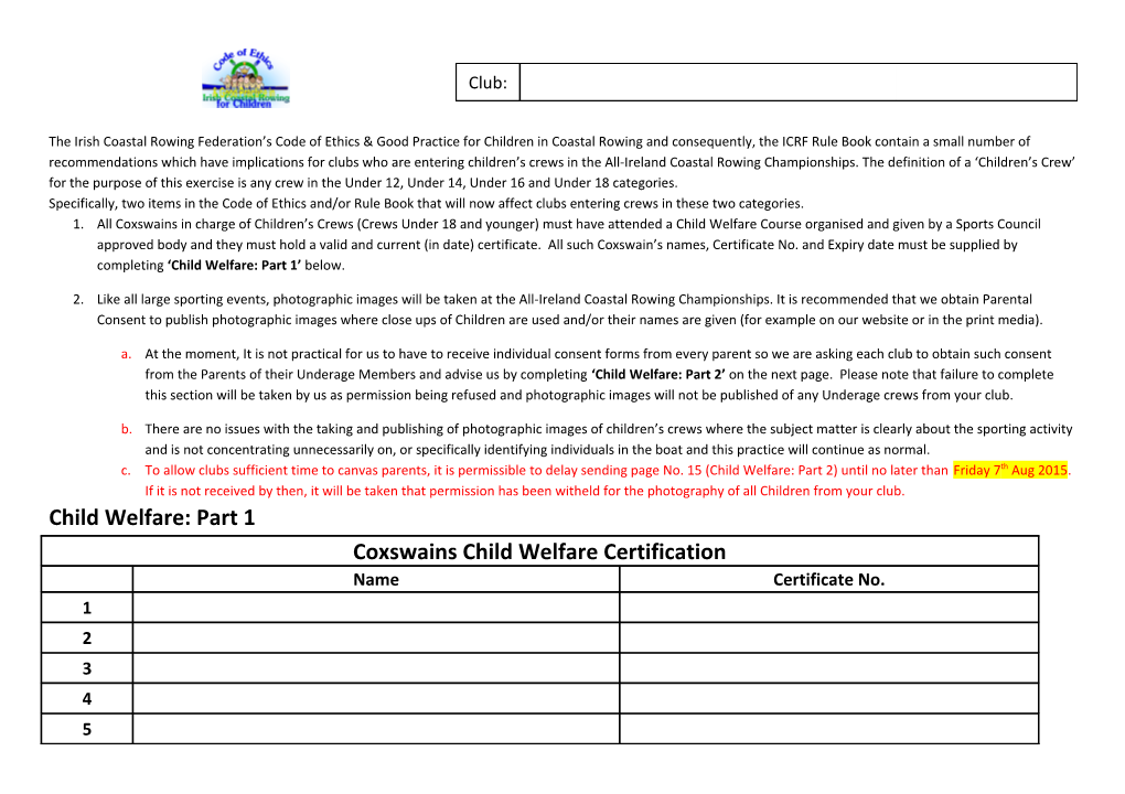 The Irish Coastal Rowing Federation S Code of Ethics & Good Practice for Children in Coastal