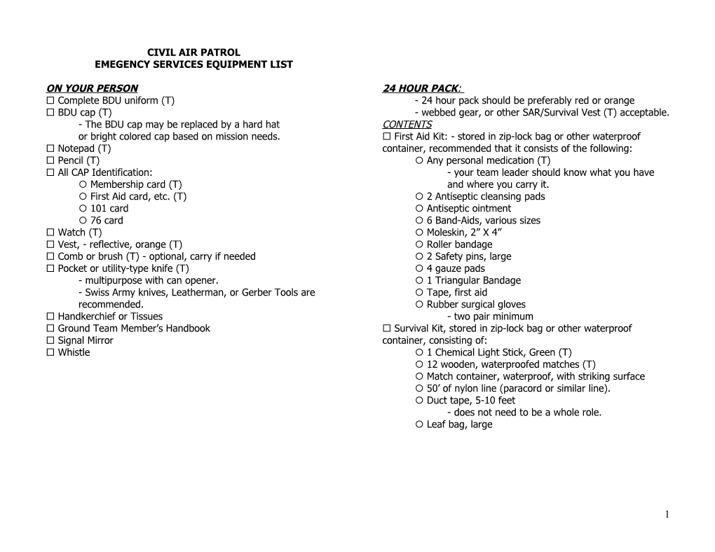 Emegency Services Equipment List