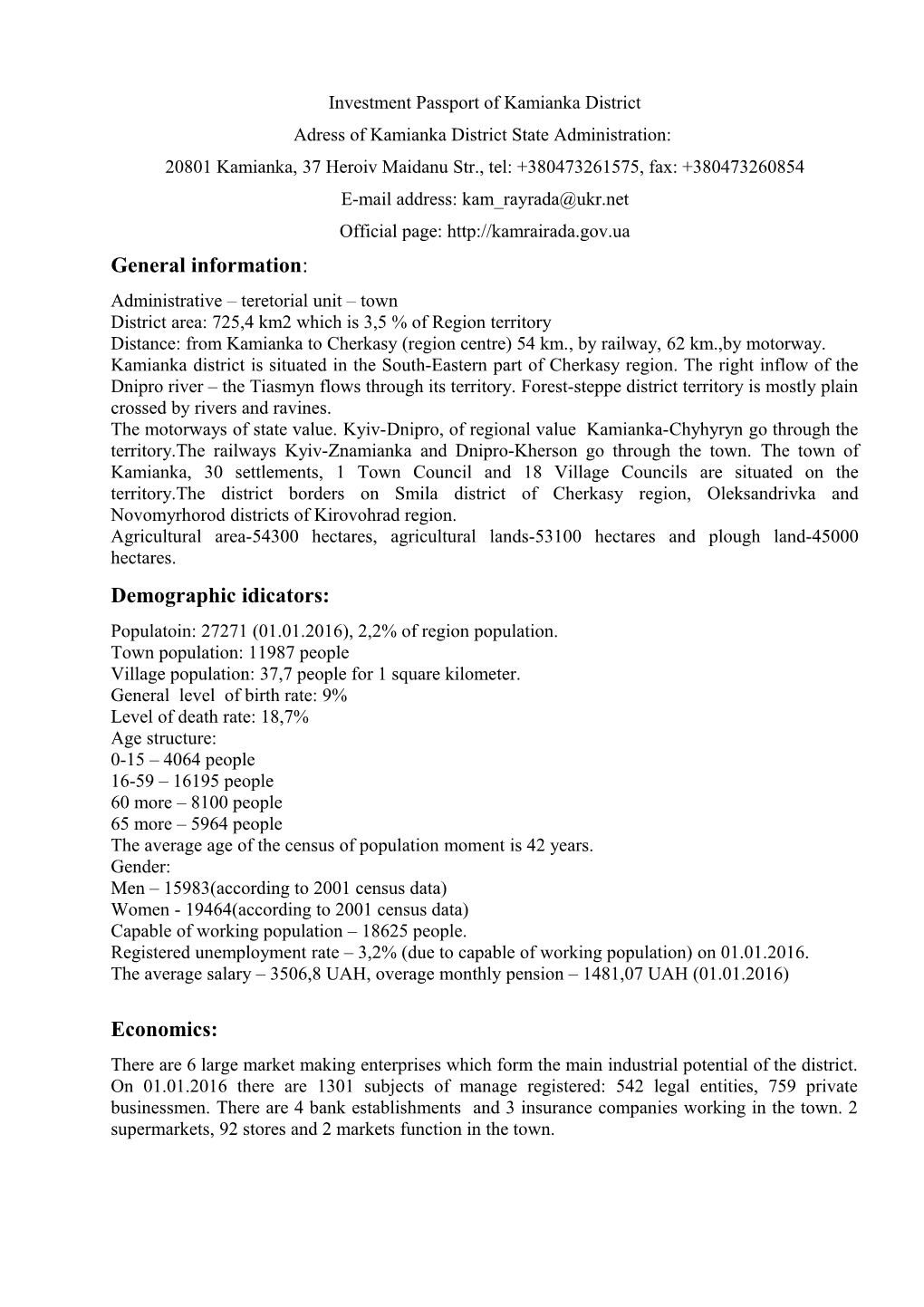 Investment Passport of Kamianka District