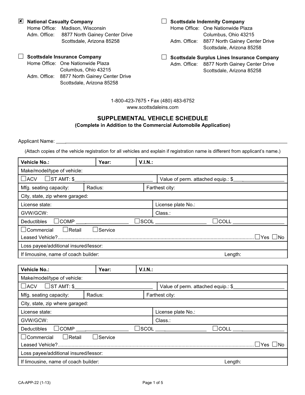 Supplemental Vehicle Schedule