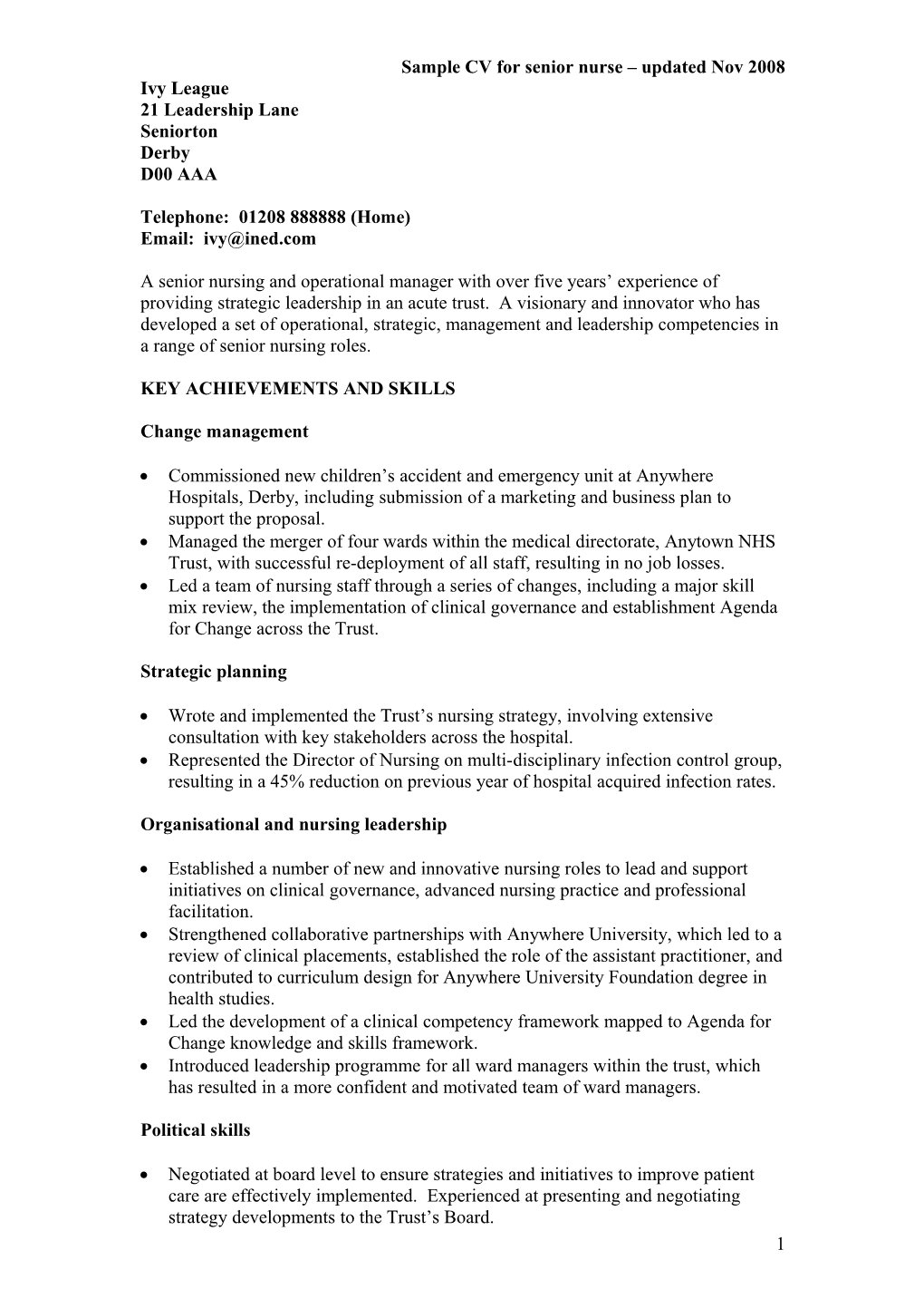 Sample CV for Senior Nurse Updated Nov 2008