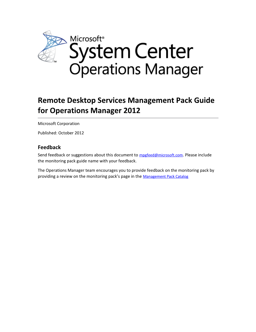 Remote Desktop Services Management Pack Guide for Operations Manager 2012