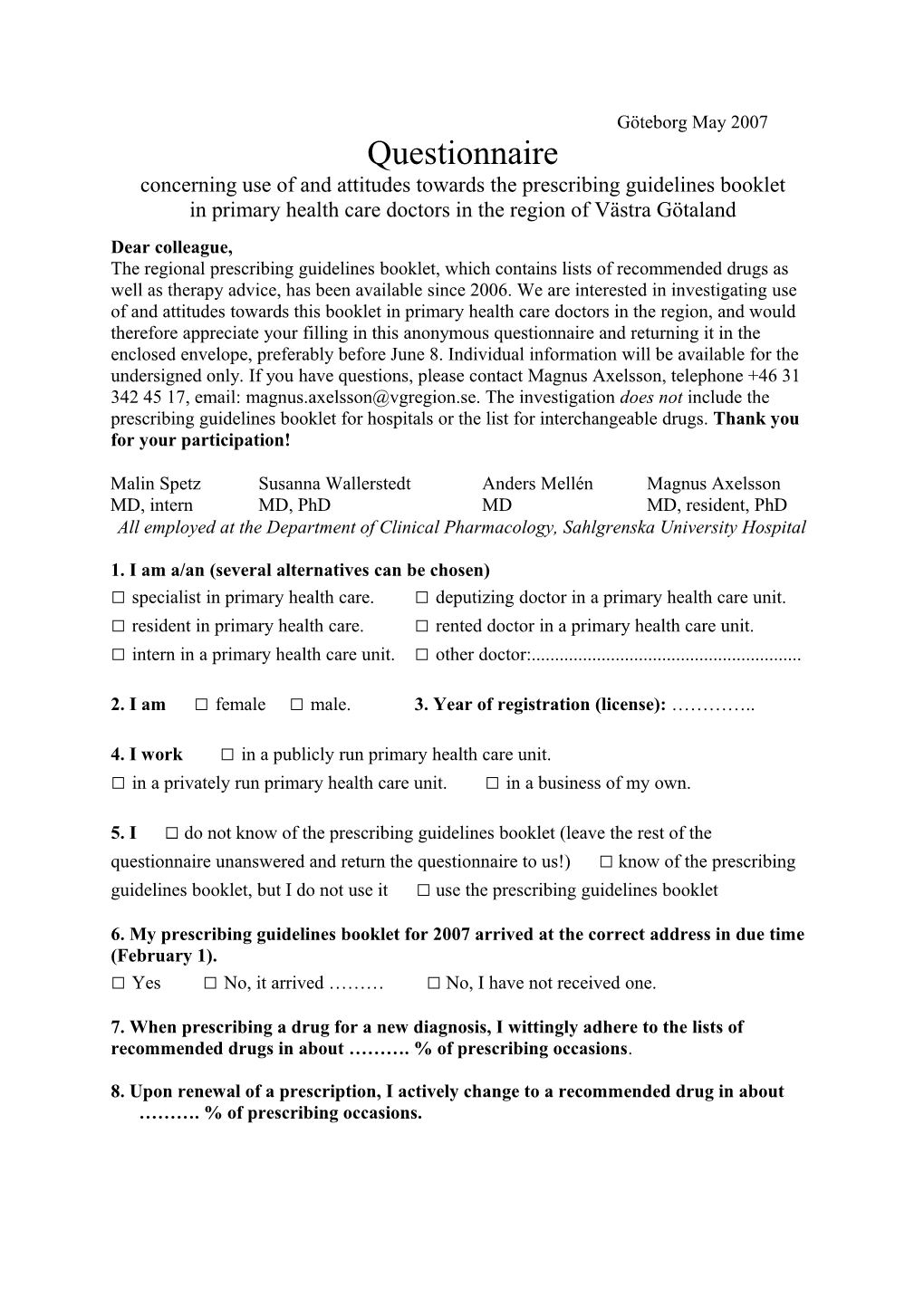 Concerning Use of and Attitudes Towards the Prescribing Guidelines Booklet