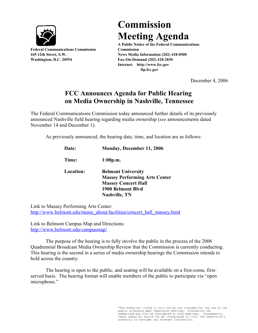 FCC Announces Agenda for Public Hearing