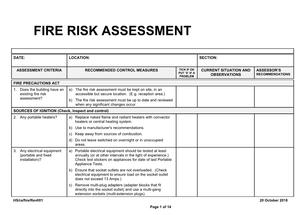 Risk Assessment Form - Fire