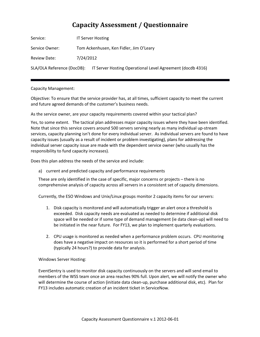 Capacity Assessment / Questionnaire