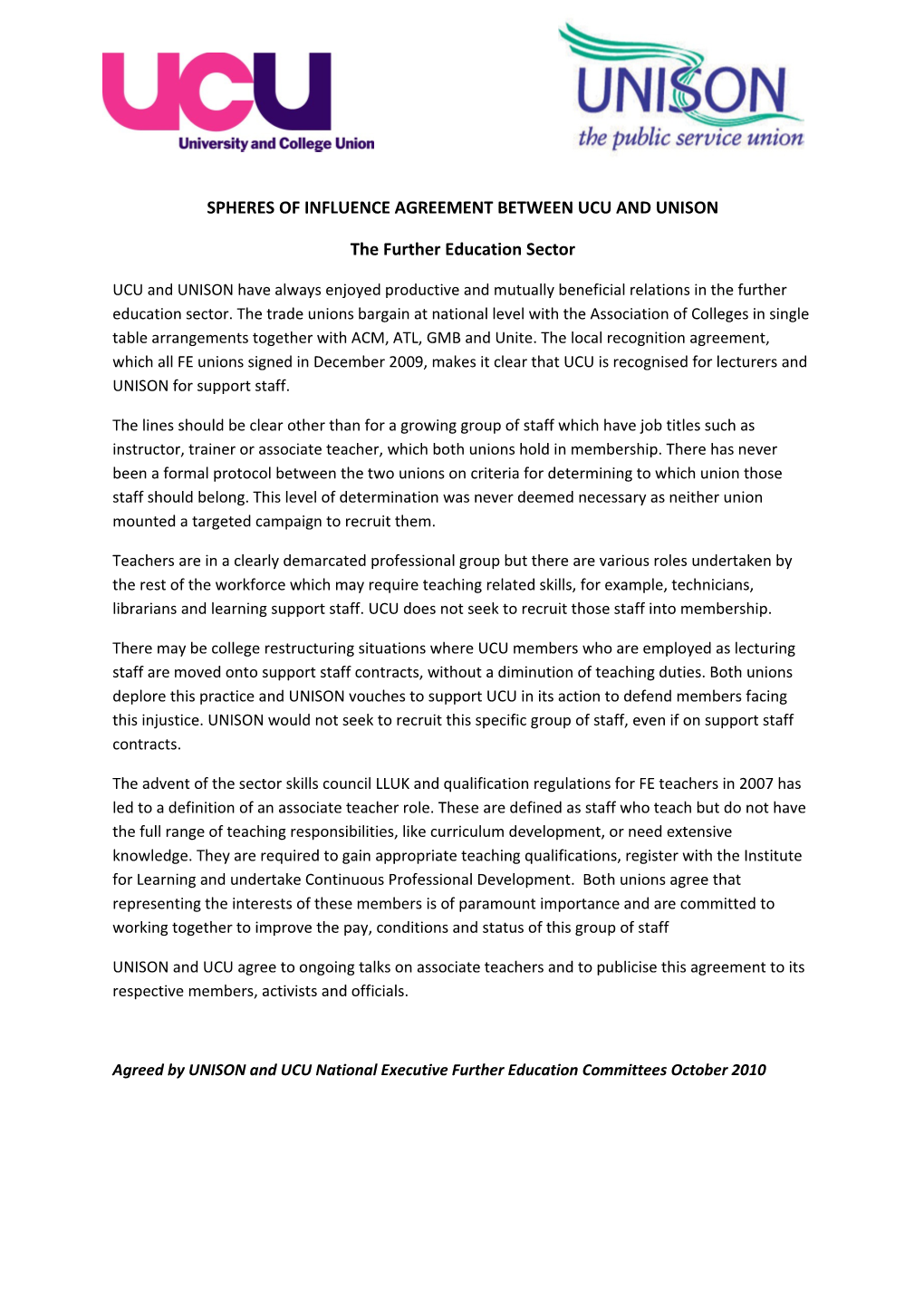 Spheres of Influence Agreement Between Ucu and Unison