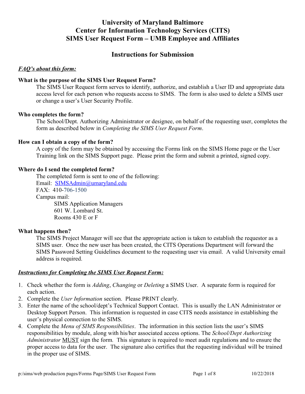 Instructions for Submitting a Student Information Management System (Sims) User Request Form