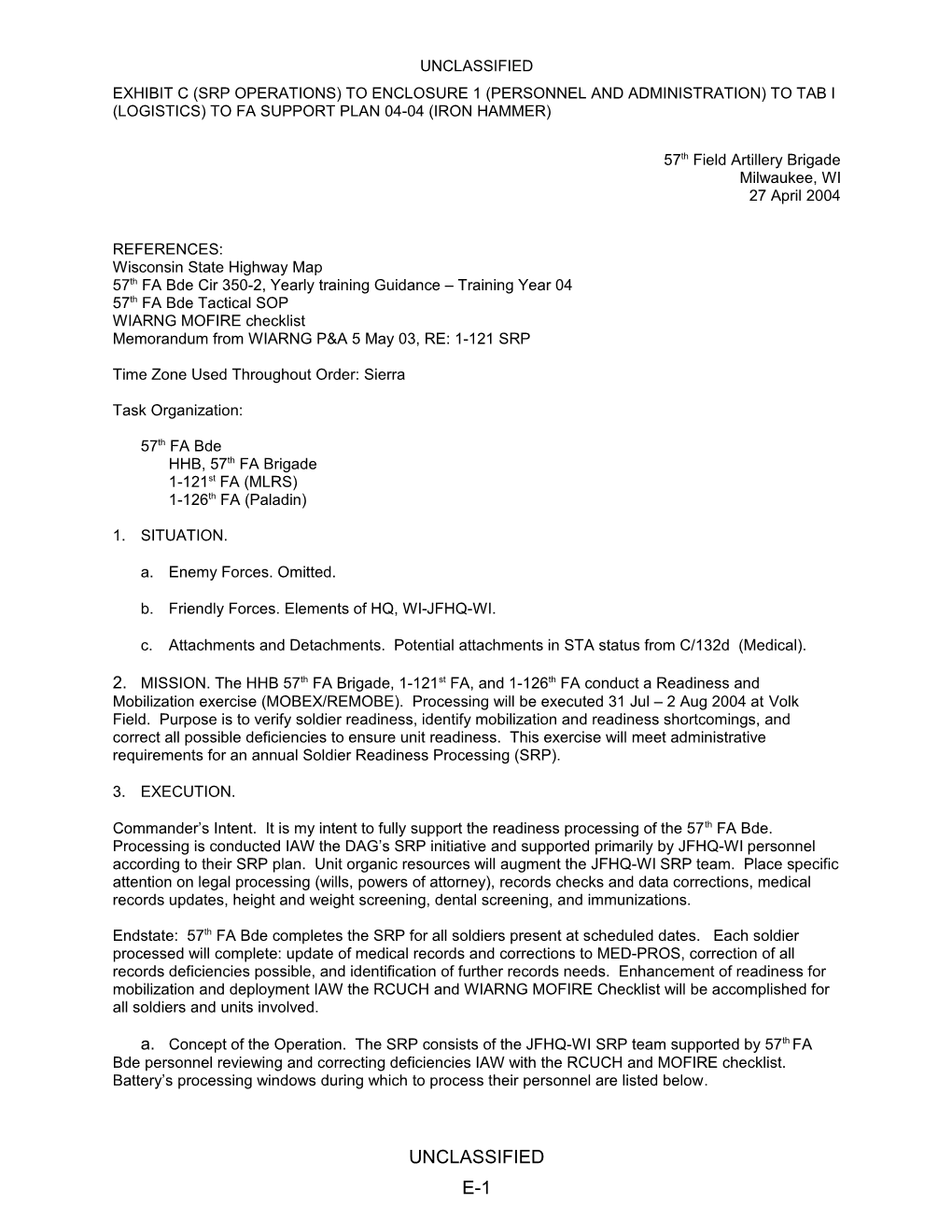 Exhibit C (Srp Operations) to Enclosure 1 (Personnel and Administration) to Tab I (Logistics)