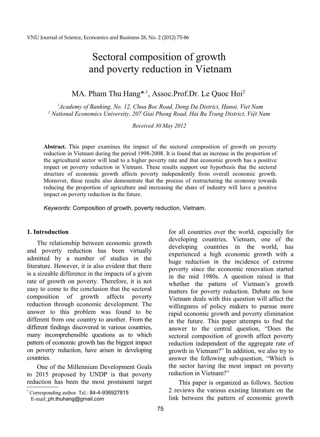 P.T. Hang, L.Q. Hoi / VNU Journal of Science, Economics and Business 28, No. 2 (2012) 75-86