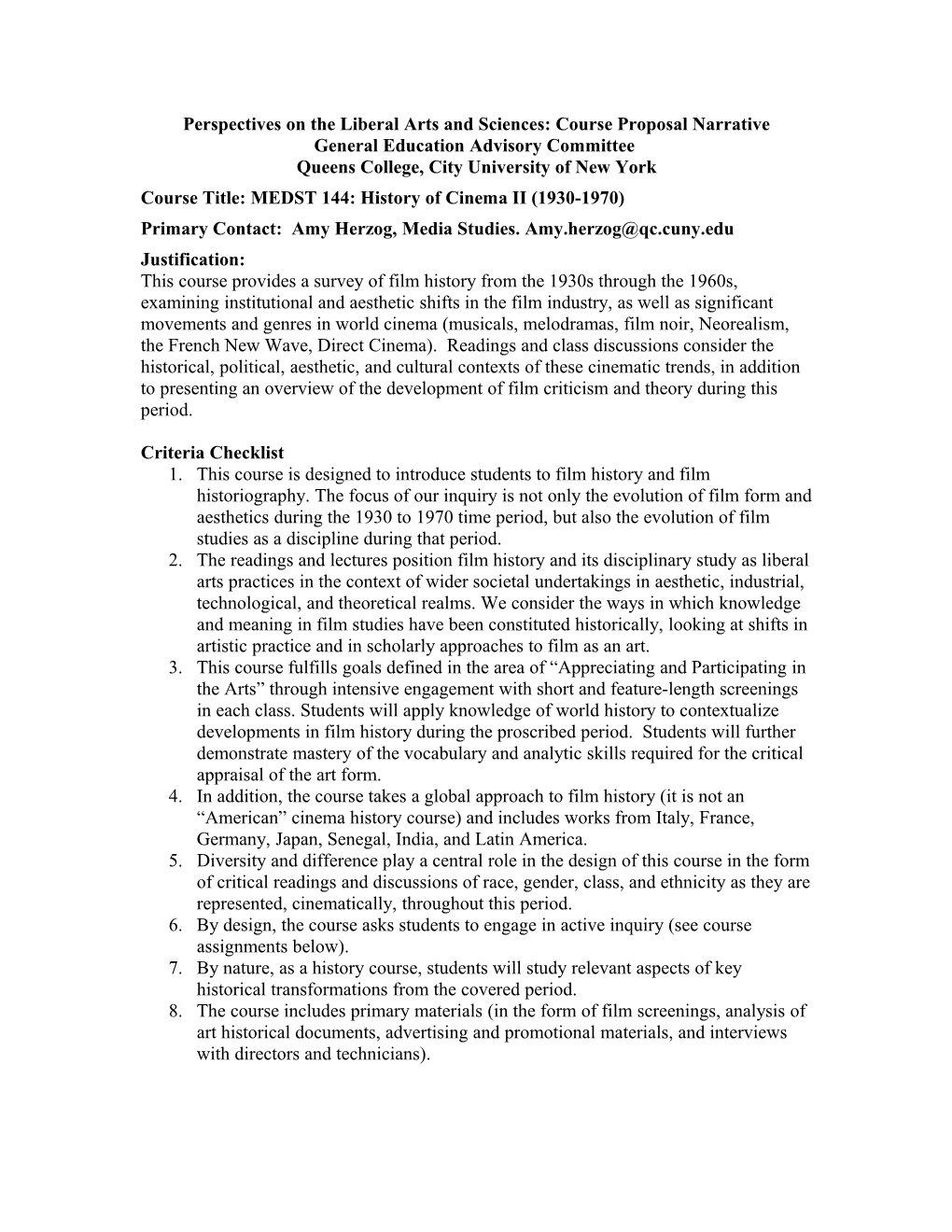 Perspectives on the Liberal Arts and Sciences: Course Proposal Narrative