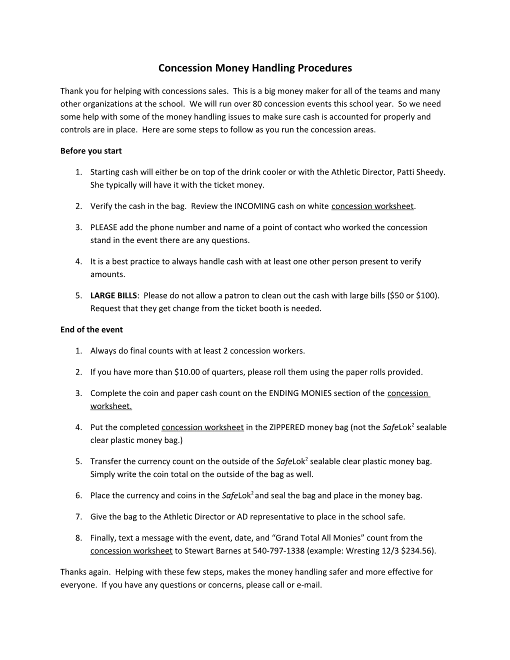 Concession Money Handling Procedures