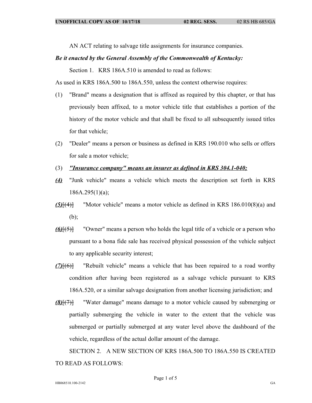 AN ACT Relating to Salvage Title Assignments for Insurance Companies