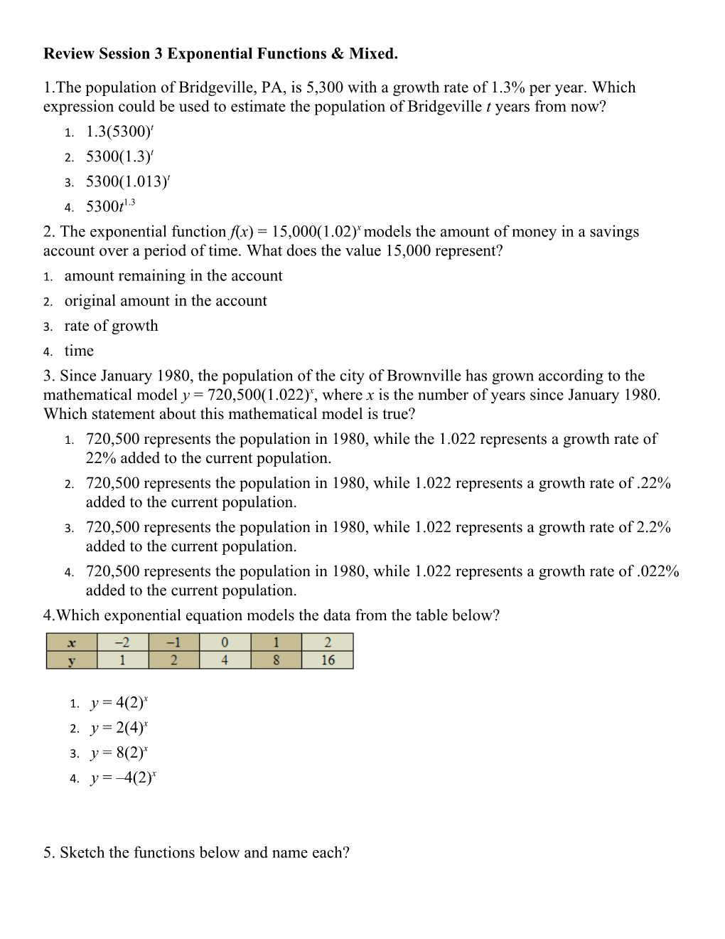 Review Session 3 Exponential Functions & Mixed