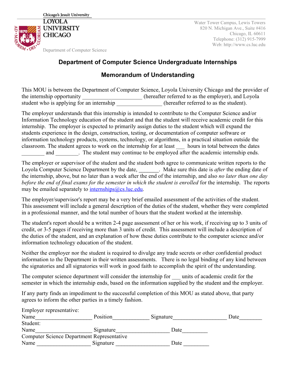 Loyola CS Undergraduate Internship MOU