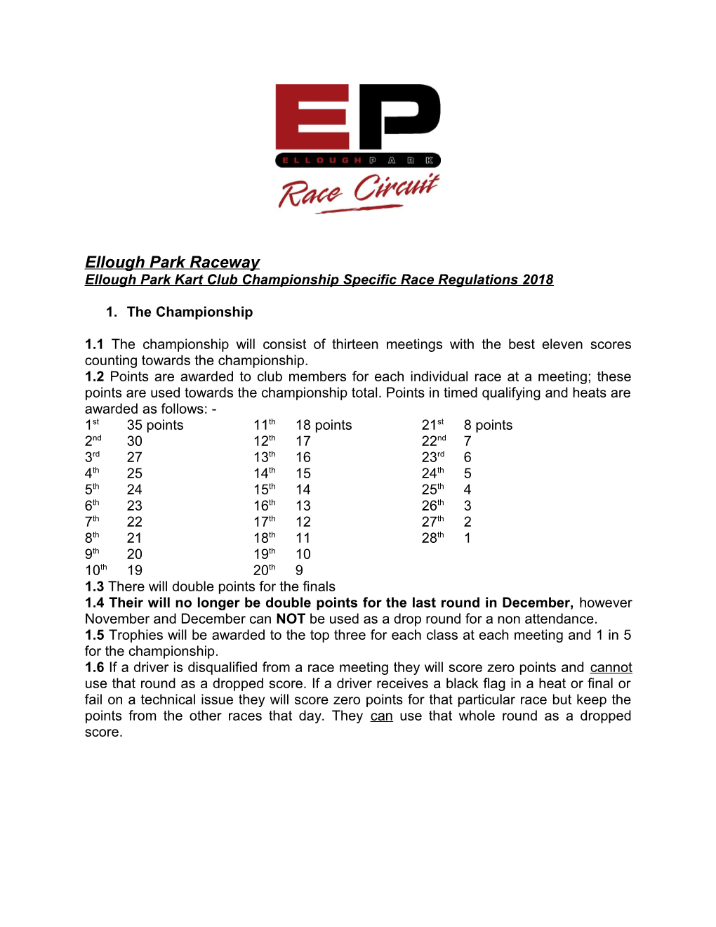 Ellough Park Kart Club Championship Specific Race Regulations 2018