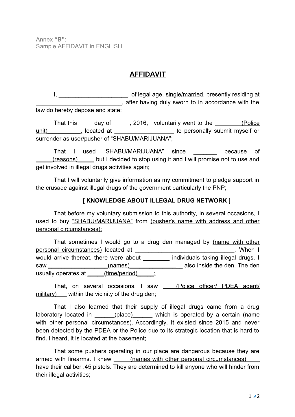 Sample AFFIDAVIT in ENGLISH