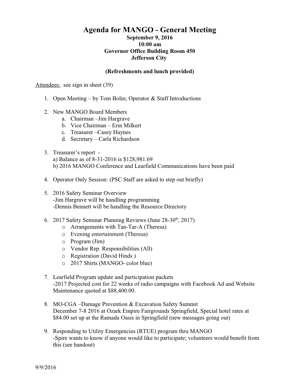 Agenda for Missouri Association of Natural Gas Operator S Meeting