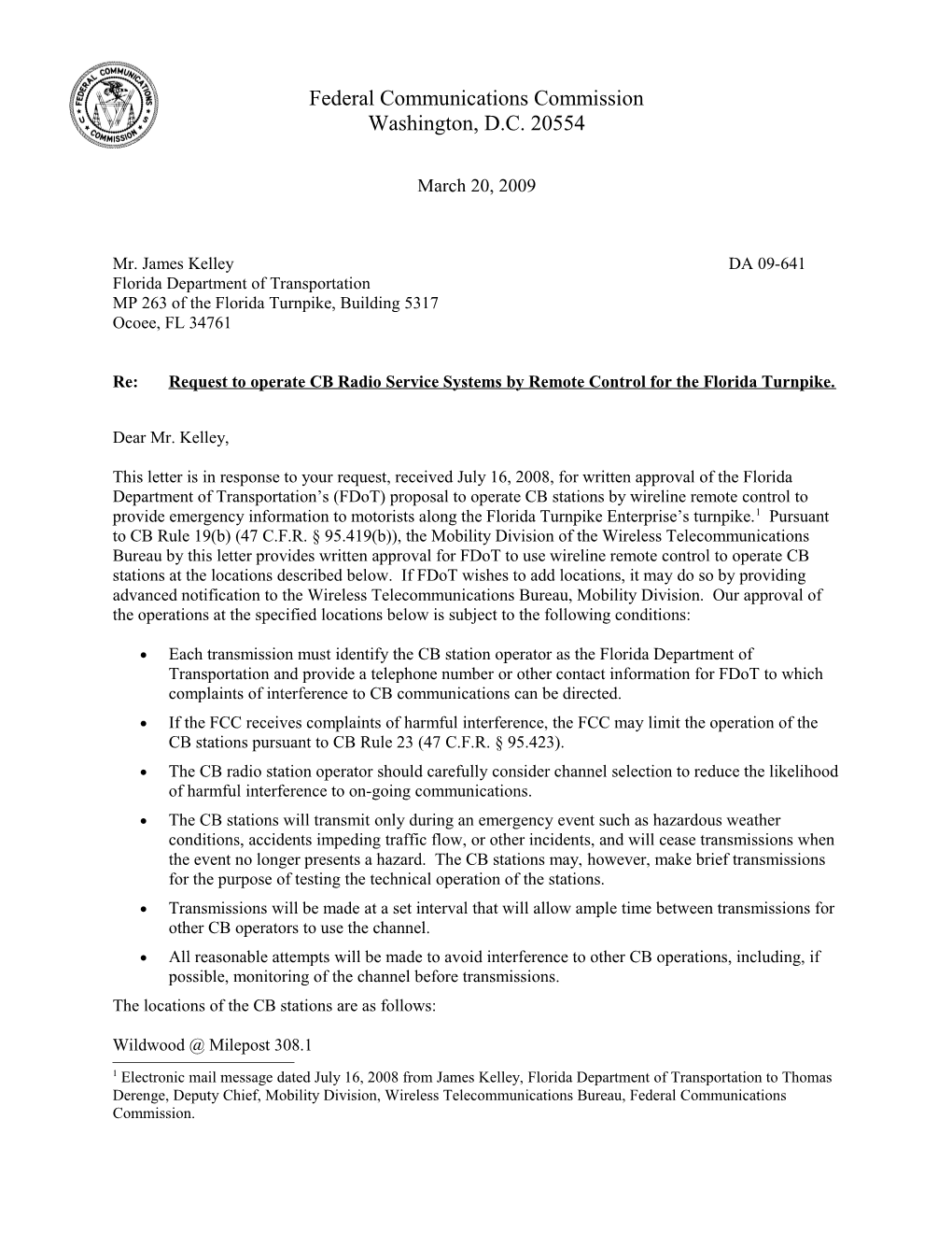 Re:Request to Operate CB Radio Service Systems by Remote Control for the Florida Turnpike