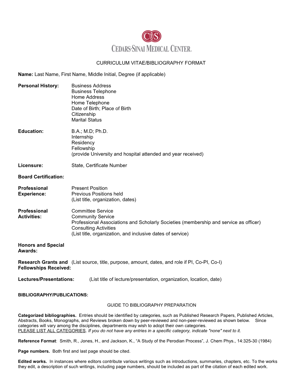 Curriculum Vitae/Bibliography Format