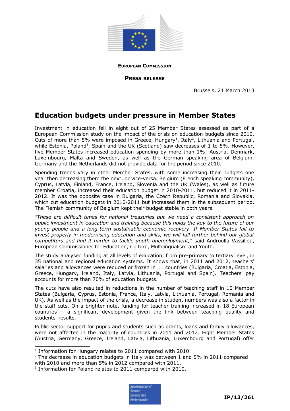 Education Budgets Under Pressure in Member States