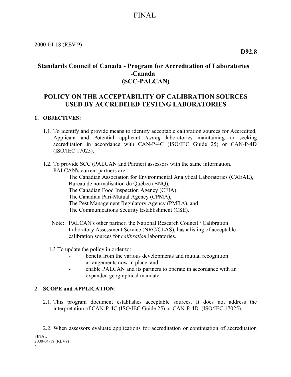 Standards Council of Canada - Program for Accreditation of Laboratories -Canada