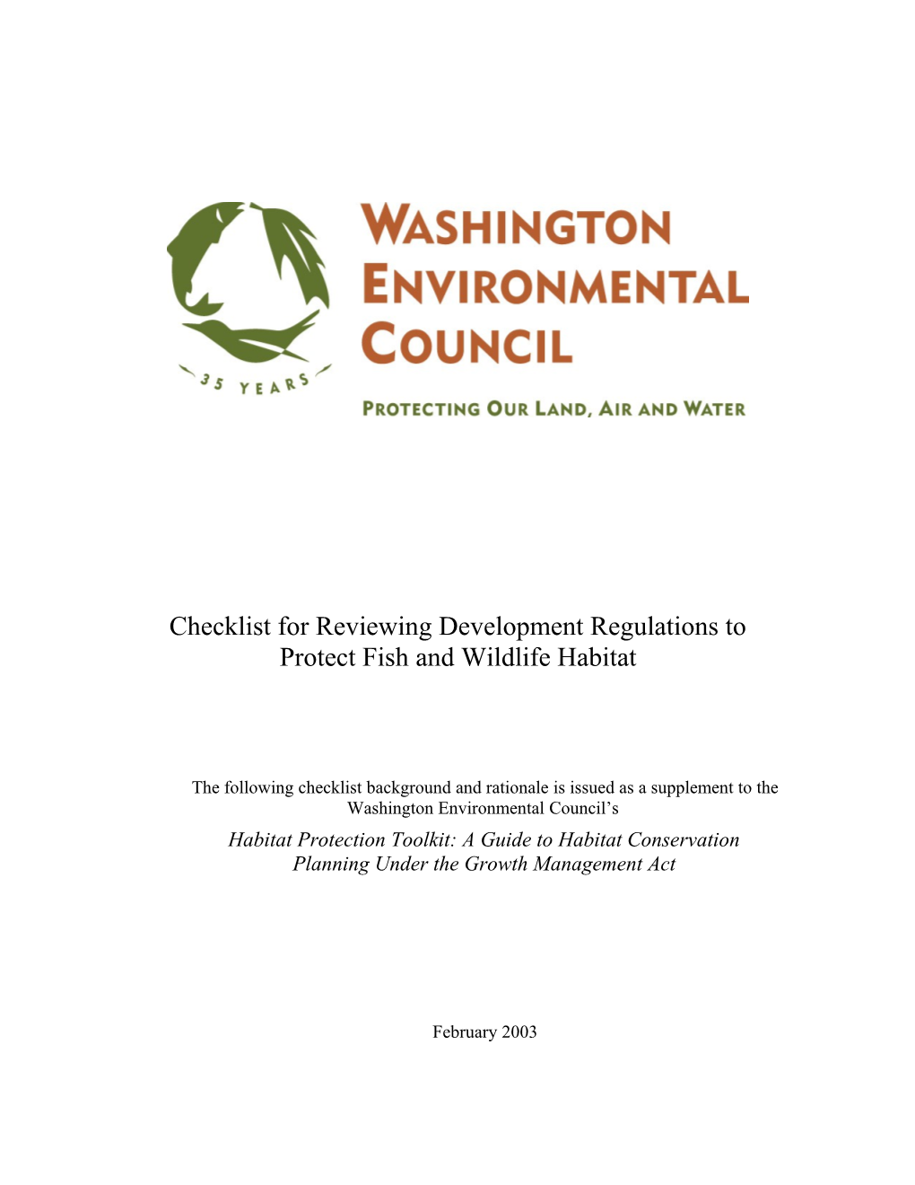 Checklist for Reviewing Development Regulations to Protect Fish and Wildlife Habitat