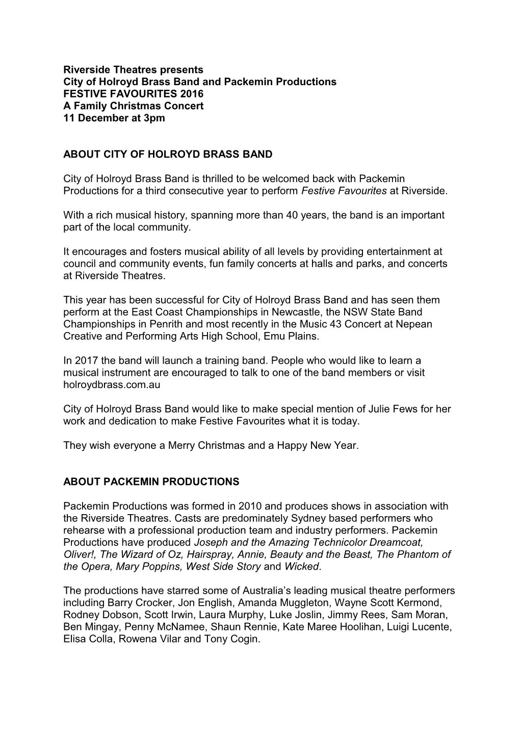 Riverside Theatres Presents City of Holroyd Brass Band and Packemin Productions