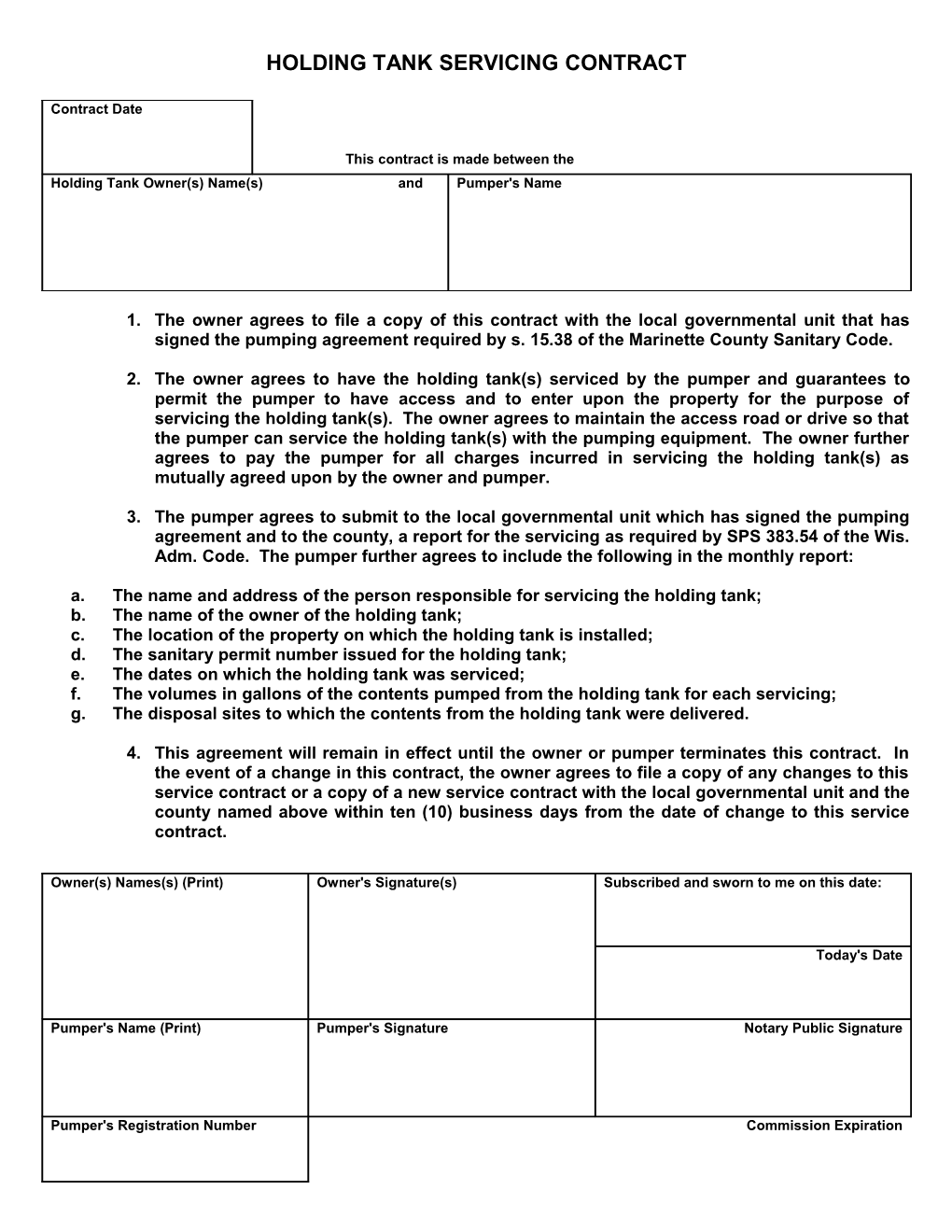 Holding Tank Servicing Contract