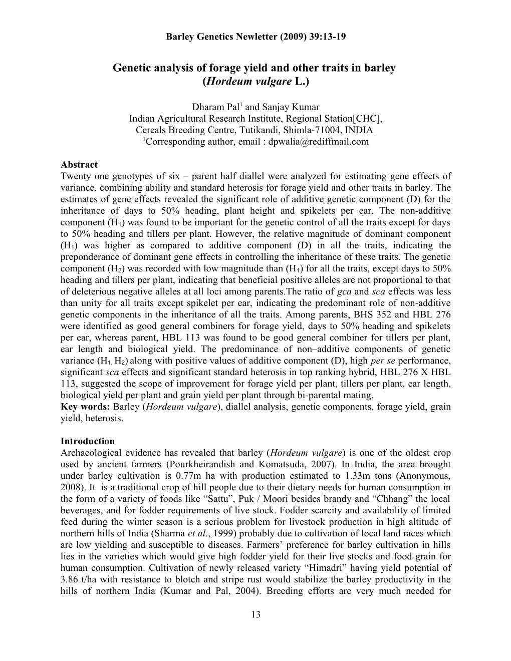 Genetic Analysis of Forage Yield and Other Traits in Barley