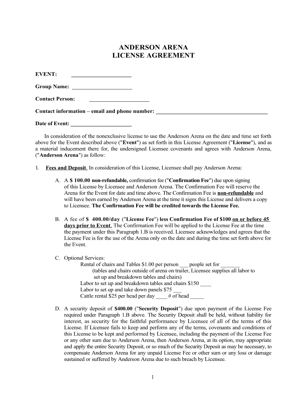 Anderson Arena License Agreement