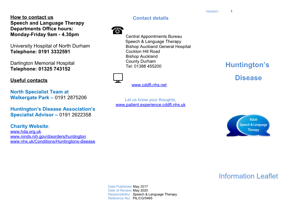 Speech and Language Therapy Departmentsoffice Hours