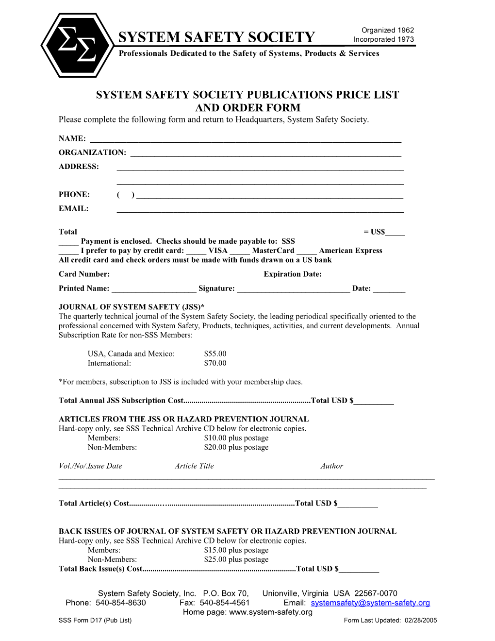 System Safety Society Publications and Price List Order Form