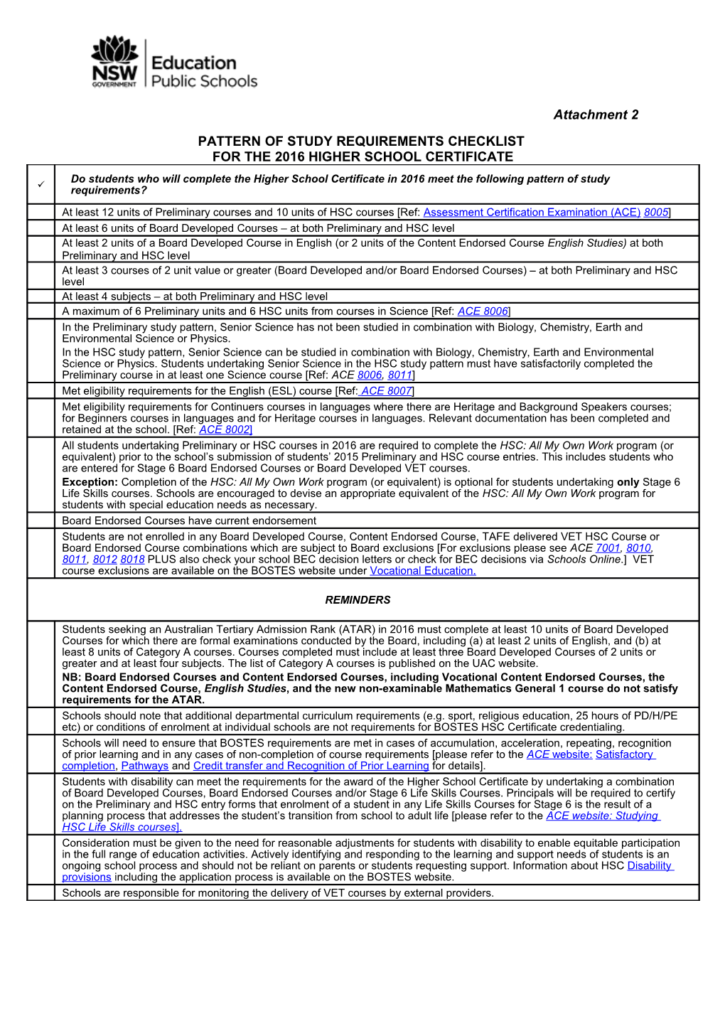 Pattern of Study Requirements Checklist