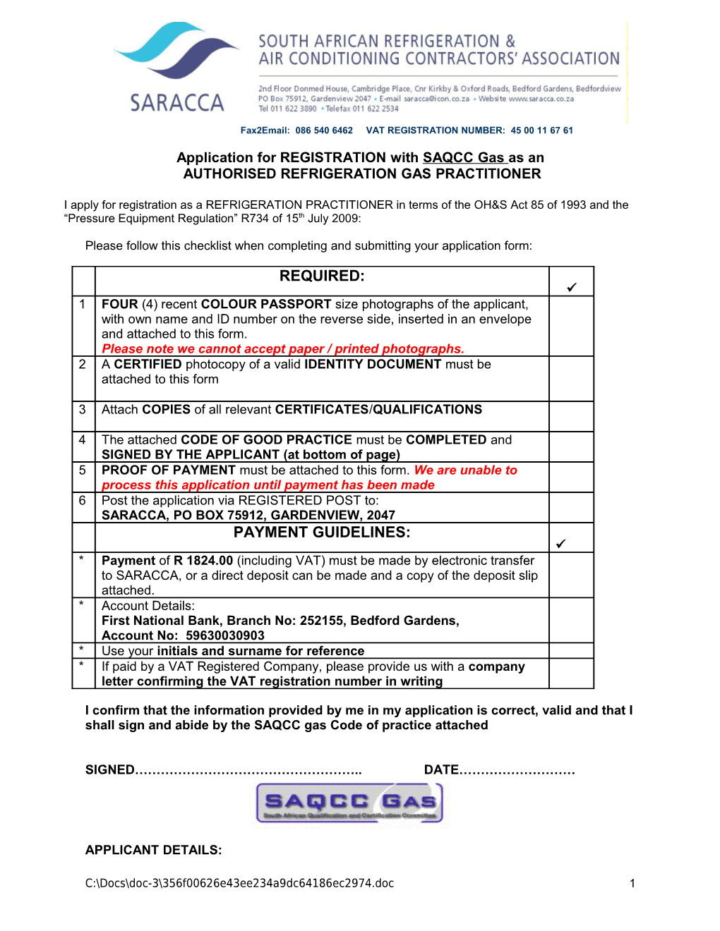 Application for REGISTRATION with SAQCC Gas Asan