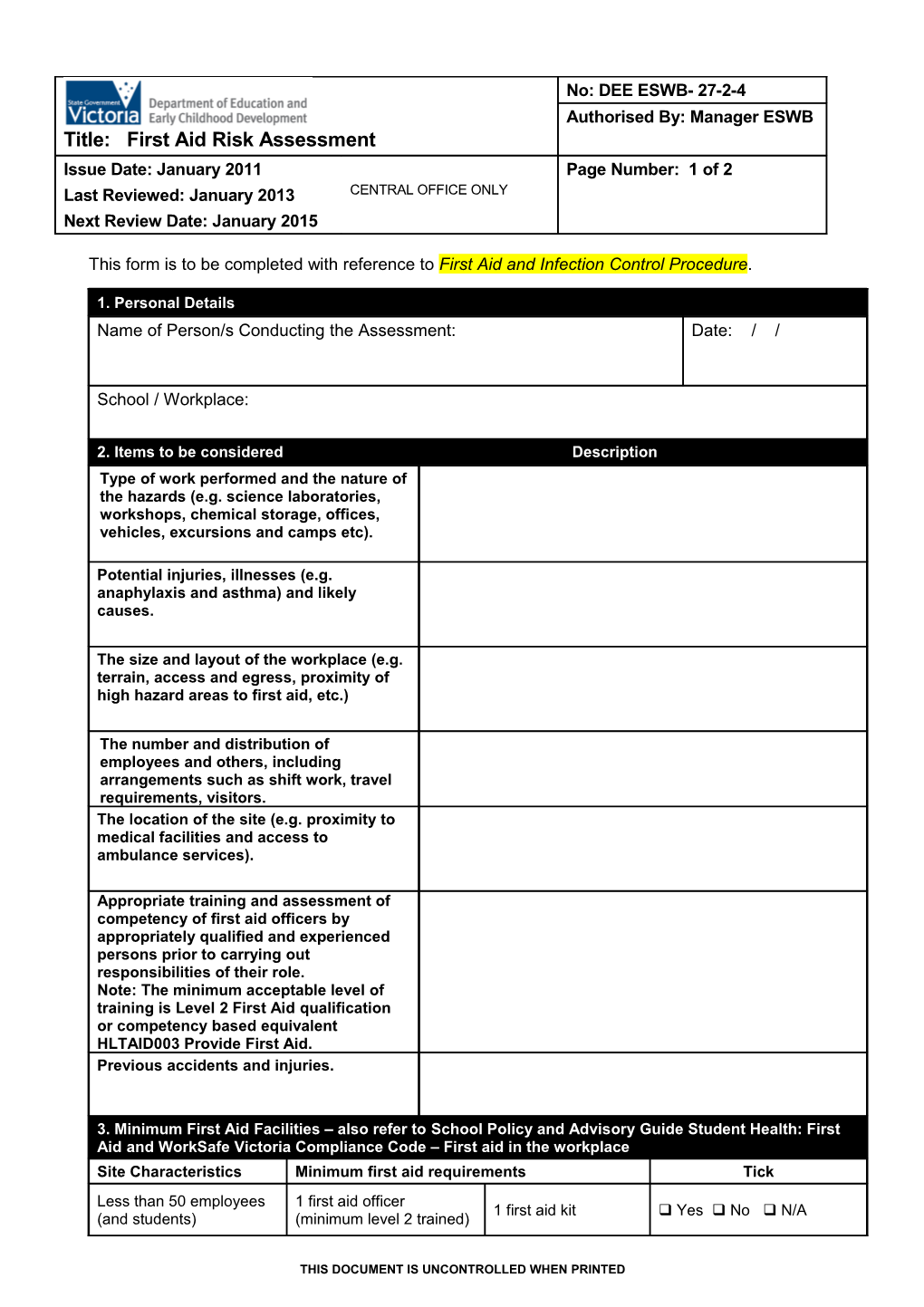 First Aid Risk Assessment