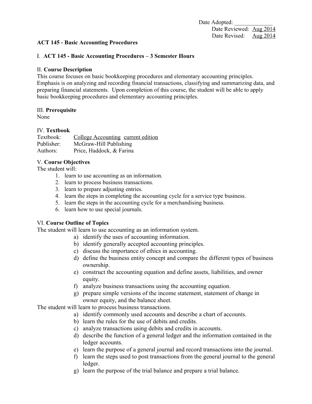 ACT145 - Basic Accounting Procedures