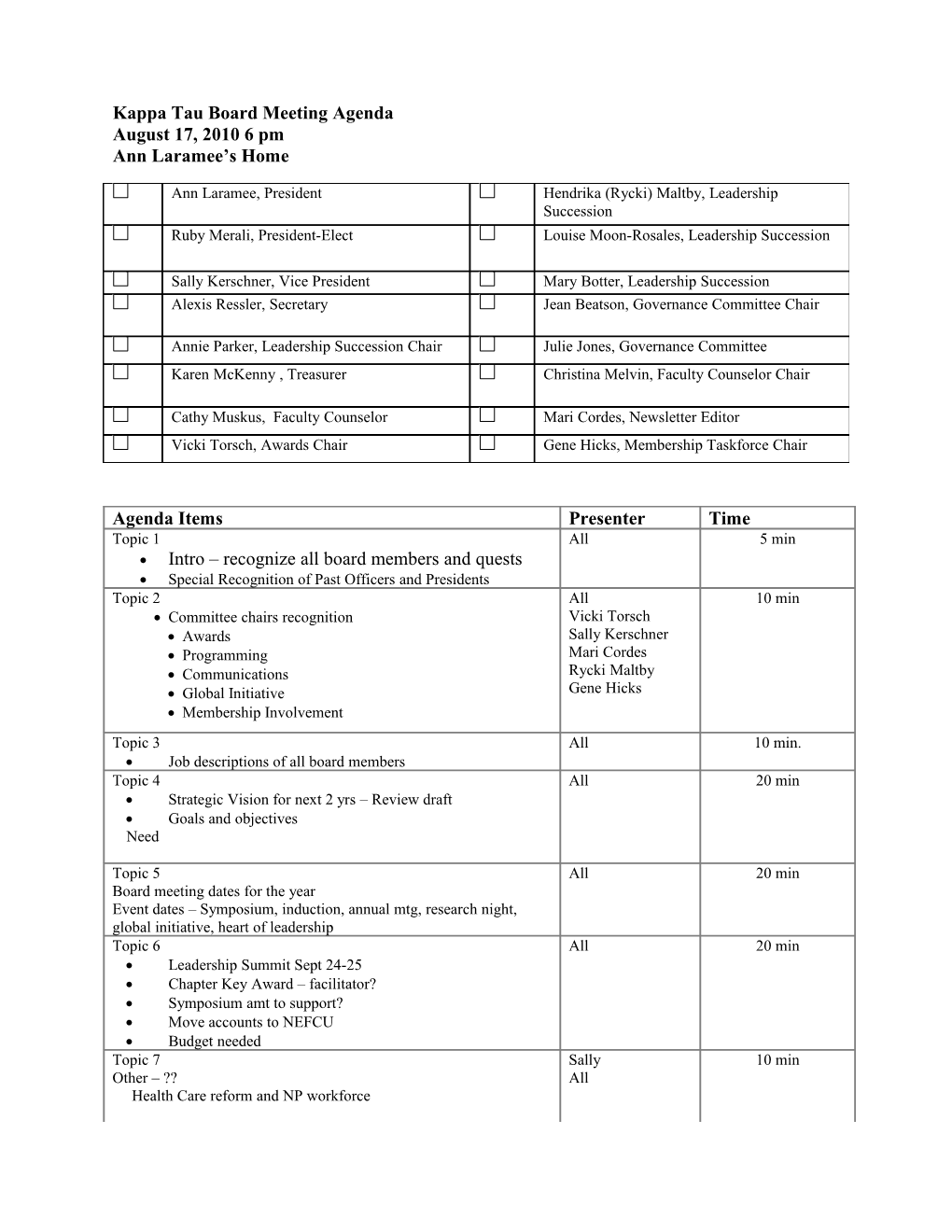 Kappa Tau Board Meeting Agenda