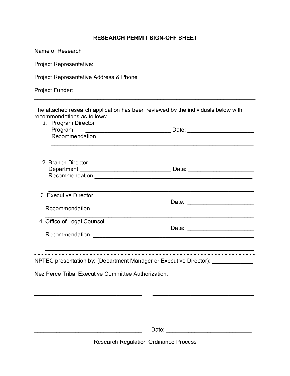 Research Permit Sign-Off Sheet